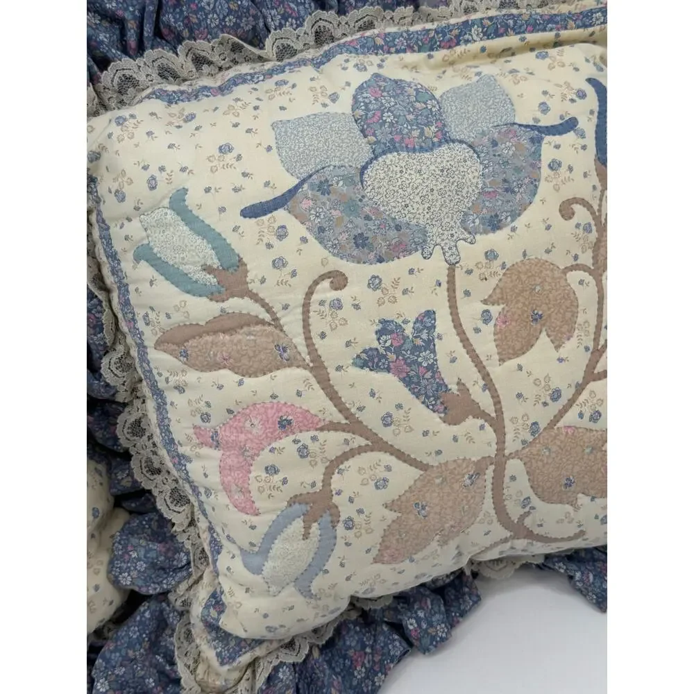 Quilted Floral Throw Pillows Pair Ruffle Lace Trim Blue Pink Cottage Vintage